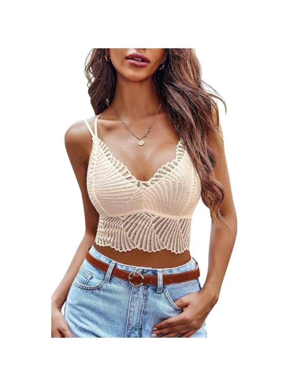 Women's Beige Lace Camisoles Double-layered V-neck Sexy Bralettes Crop Top